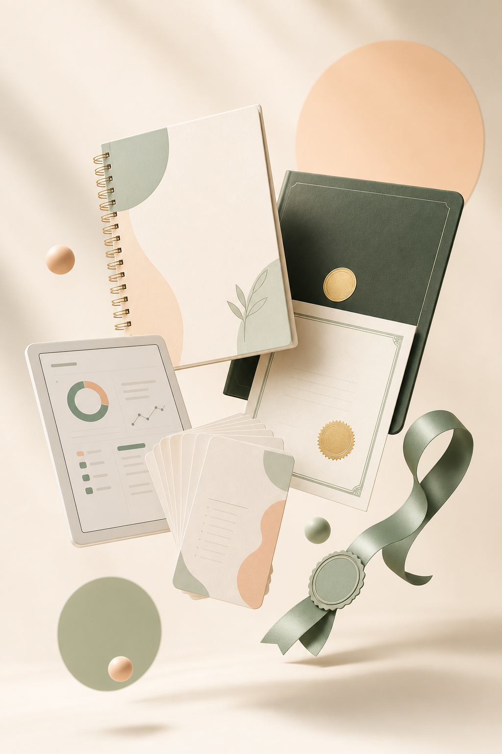 A clean certification prep kit with workbook, flash cards, tablet, certificate folder, and credential ribbon.